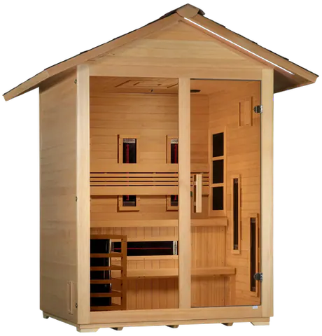 Golden Designs GDI-8123-01 Carinthia 3 Person Hybrid (PureTech Full Spectrum IR or Traditional Stove) Outdoor Sauna - Canadian Hemlock (New)